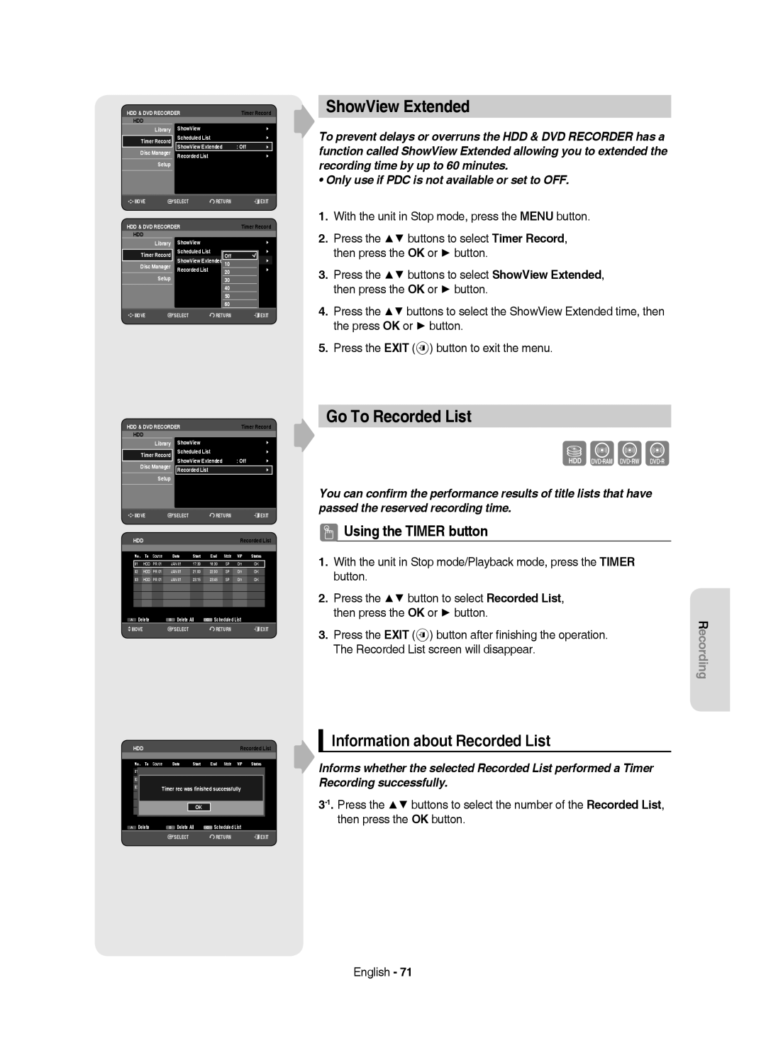 Samsung DVD-HR750/AUS, DVD-HR750/XEG, DVD-HR750/XEB ShowView Extended, Go To Recorded List, Information about Recorded List 