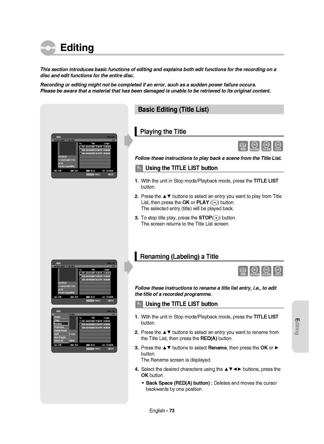 Samsung DVD-HR750/XEB, DVD-HR750/XEG manual Basic Editing Title List, Playing the Title, Renaming Labeling a Title 