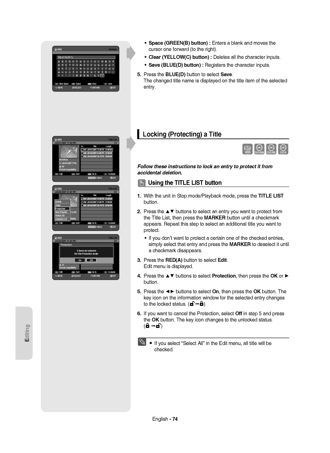 Samsung DVD-HR750/AUS, DVD-HR750/XEG manual Locking Protecting a Title, To the locked status, SportsA1, Select1 AllSP 