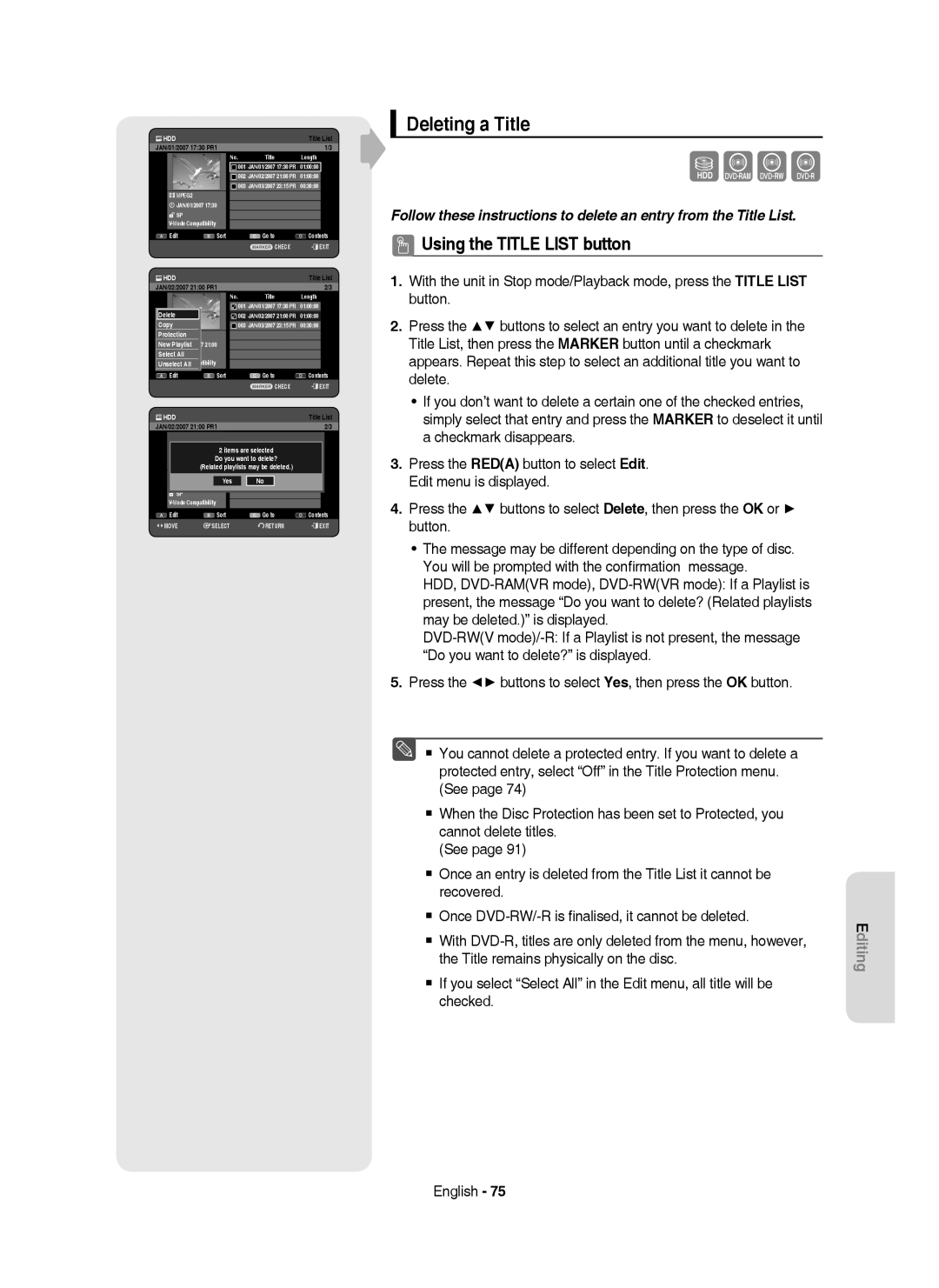 Samsung DVD-HR750/XEG, DVD-HR750/XEB, DVD-HR750/AUS manual Deleting a Title 