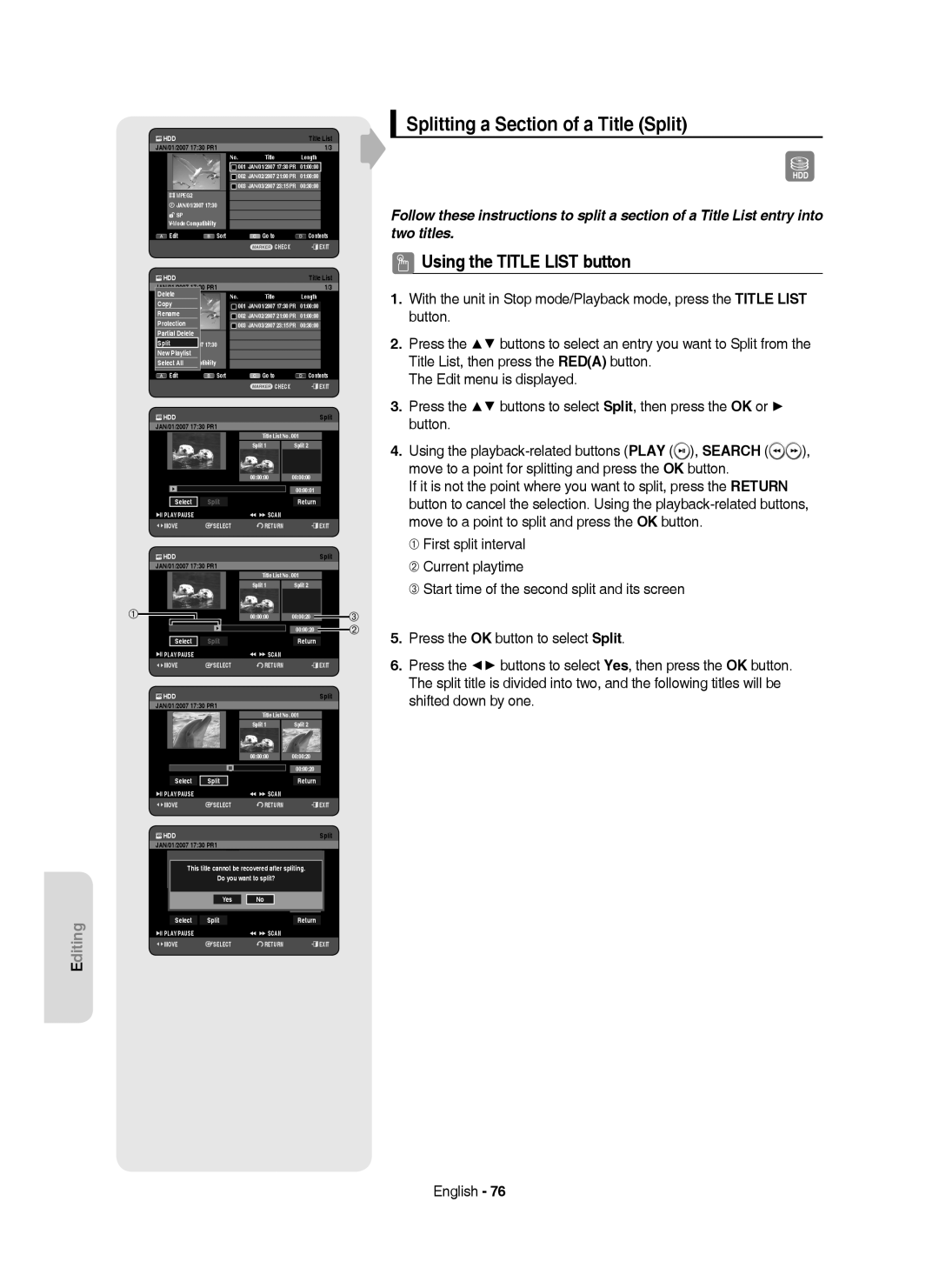 Samsung DVD-HR750/XEB, DVD-HR750/XEG, DVD-HR750/AUS manual Splitting a Section of a Title Split 