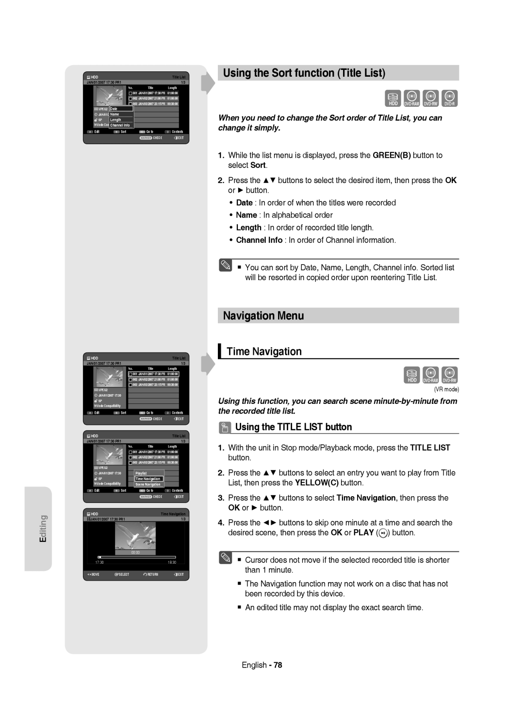 Samsung DVD-HR750/XEG, DVD-HR750/XEB manual Using the Sort function Title List, Navigation Menu, Time Navigation, Length 