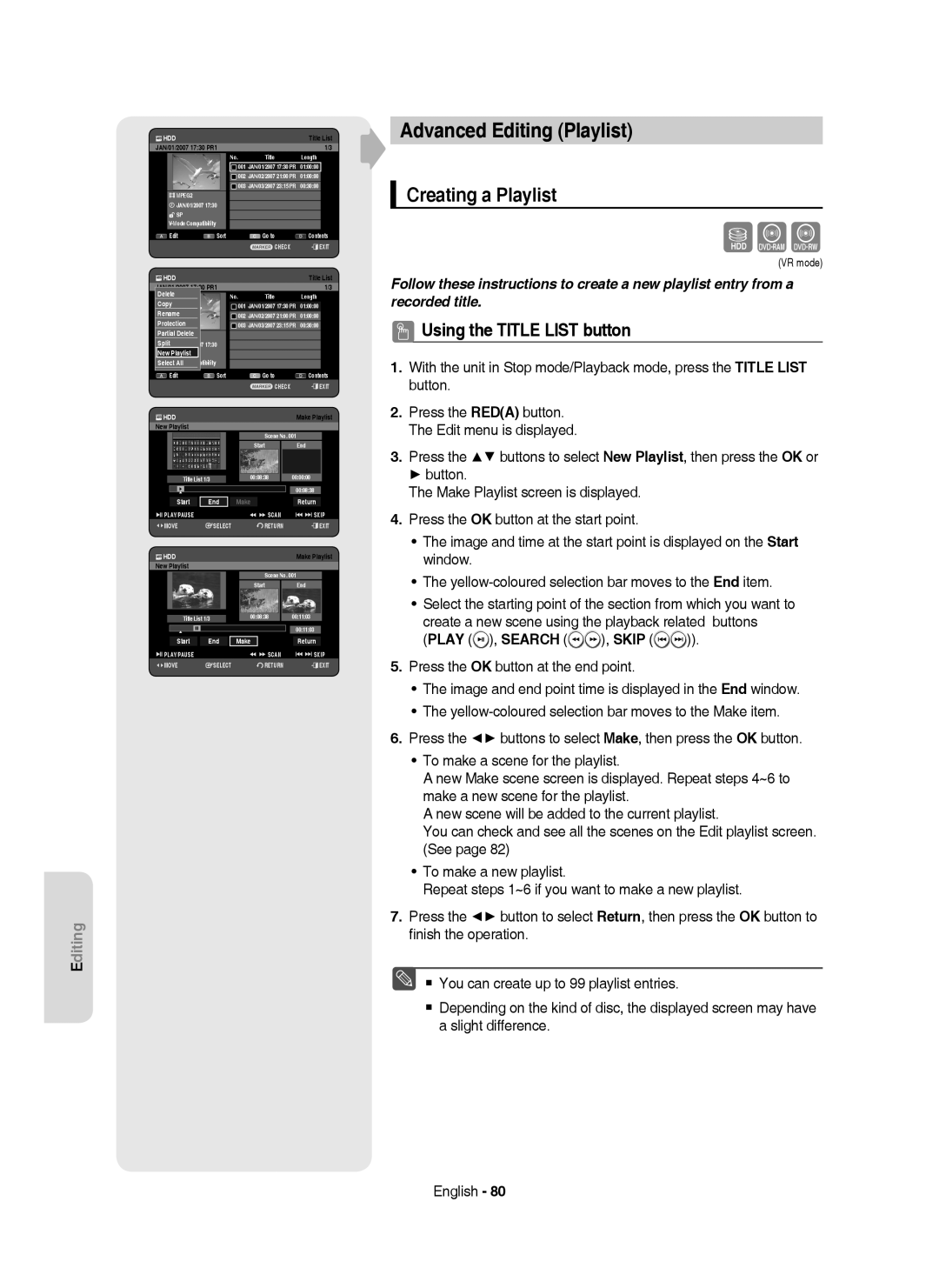 Samsung DVD-HR750/AUS, DVD-HR750/XEG, DVD-HR750/XEB Advanced Editing Playlist, Creating a Playlist, Play , Search , Skip 