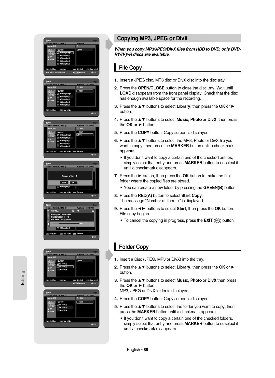 Samsung DVD-HR750/XEB, DVD-HR750/XEG, DVD-HR750/AUS manual Copying MP3, Jpeg or DivX, File Copy, Folder Copy 