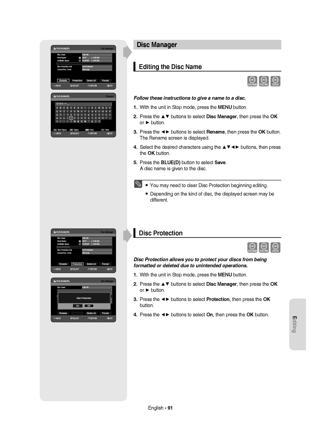 Samsung DVD-HR750/XEB, DVD-HR750/XEG, DVD-HR750/AUS manual Disc Manager, Editing the Disc Name, Disc Protection 