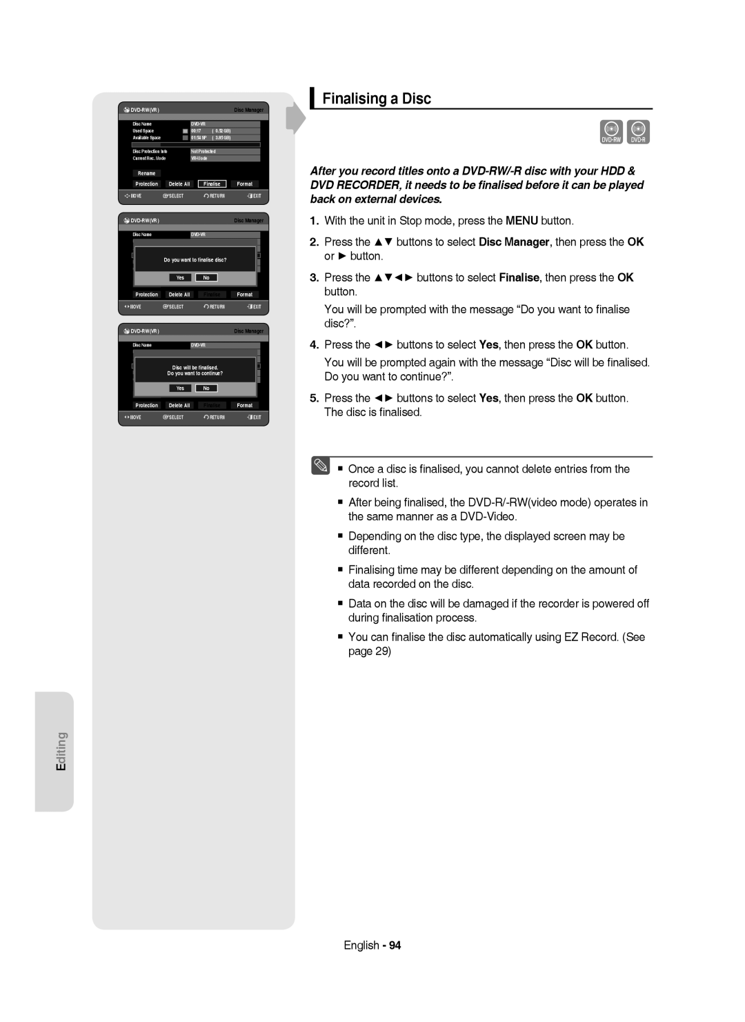 Samsung DVD-HR750/XEB, DVD-HR750/XEG, DVD-HR750/AUS manual Finalising a Disc, Delete All Finalise Format 