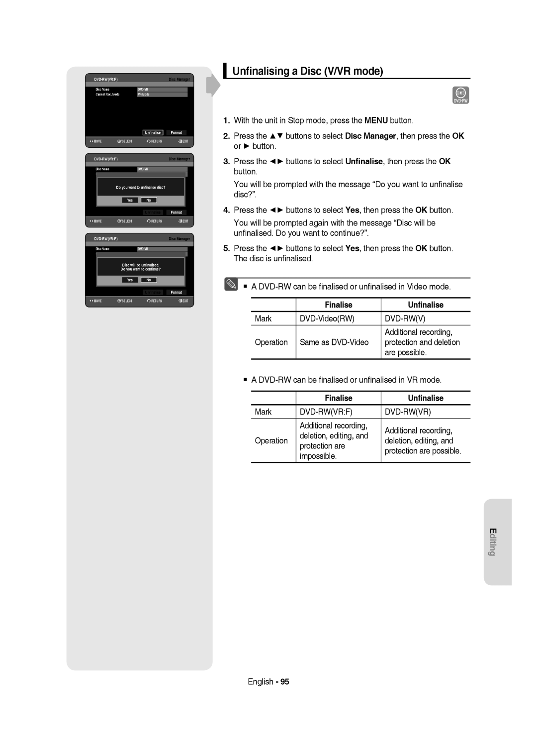 Samsung DVD-HR750/AUS, DVD-HR750/XEG, DVD-HR750/XEB manual Unﬁnalising a Disc V/VR mode, Finalise Unﬁnalise 