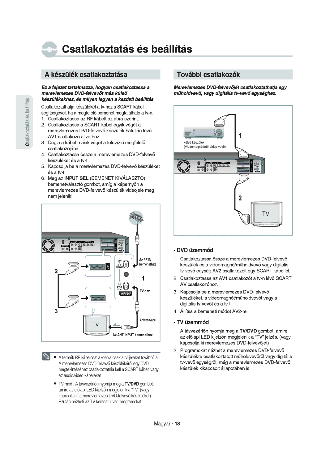 Samsung DVD-HR750/XEH manual Készülék csatlakoztatása, TV üzemmód 