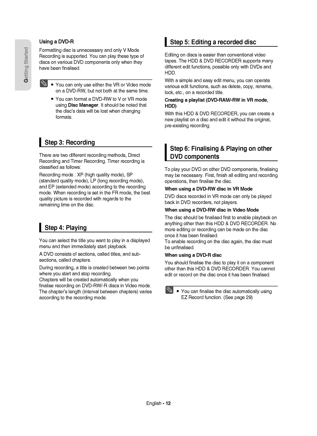 Samsung DVD-HR750/XEH Editing a recorded disc, Recording, Finalising & Playing on other DVD components, Using a DVD-R 