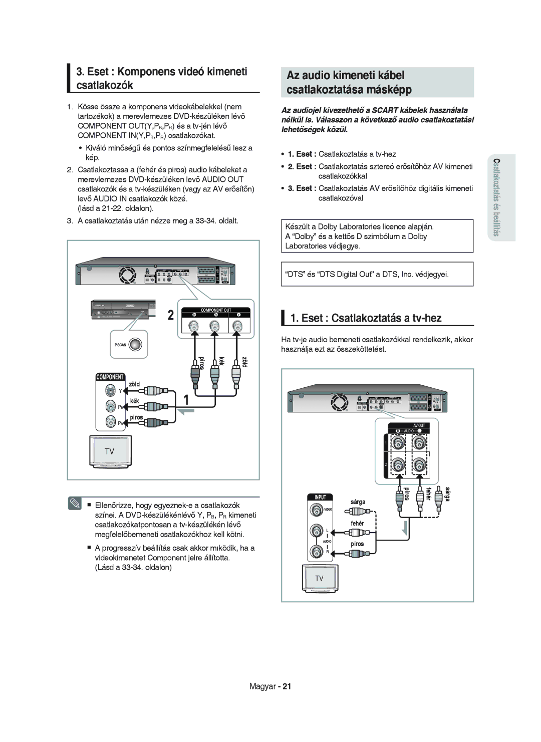 Samsung DVD-HR750/XEH manual Az audio kimeneti kábel Csatlakoztatása másképp, Csatlakozók, Eset Csatlakoztatás a tv-hez 