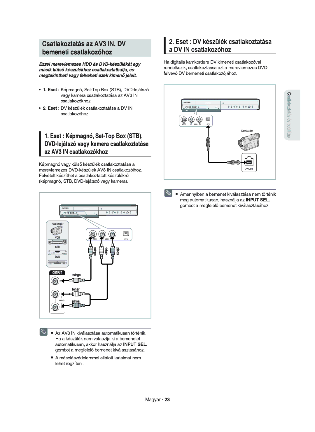 Samsung DVD-HR750/XEH manual Csatlakoztatás az AV3 IN, DV Bemeneti csatlakozóhoz, Képmagnó, STB, DVD-lejátszó vagy kamera 