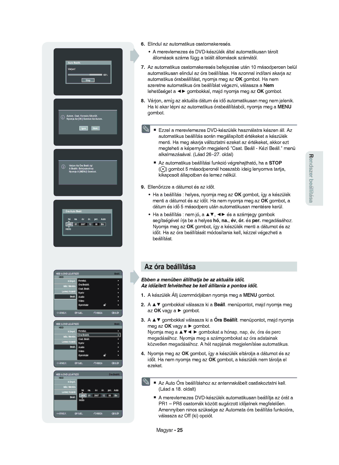 Samsung DVD-HR750/XEH manual Az óra beállítása 