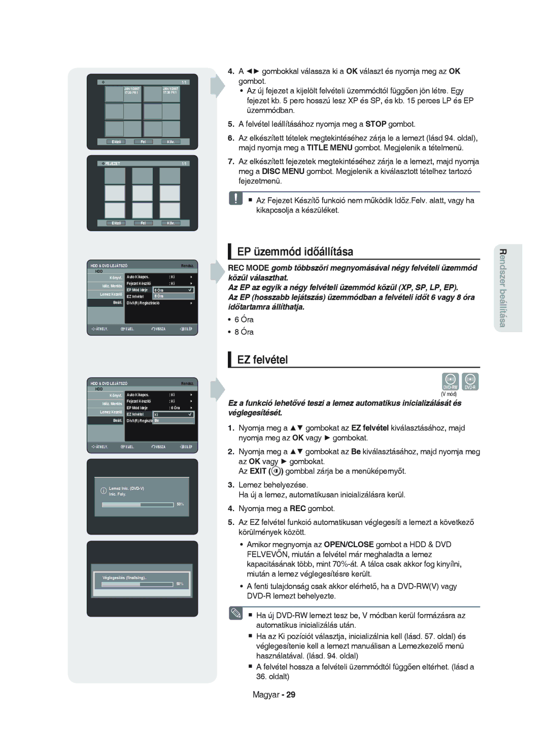 Samsung DVD-HR750/XEH manual EP üzemmód időállítása, EZ felvétel 