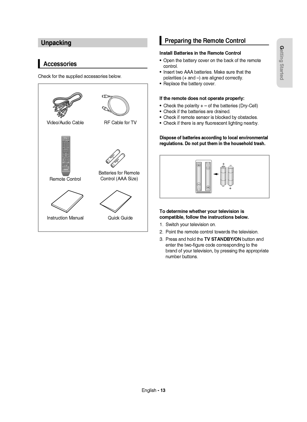 Samsung DVD-HR750/XEH manual Unpacking, Accessories, Preparing the Remote Control, Install Batteries in the Remote Control 