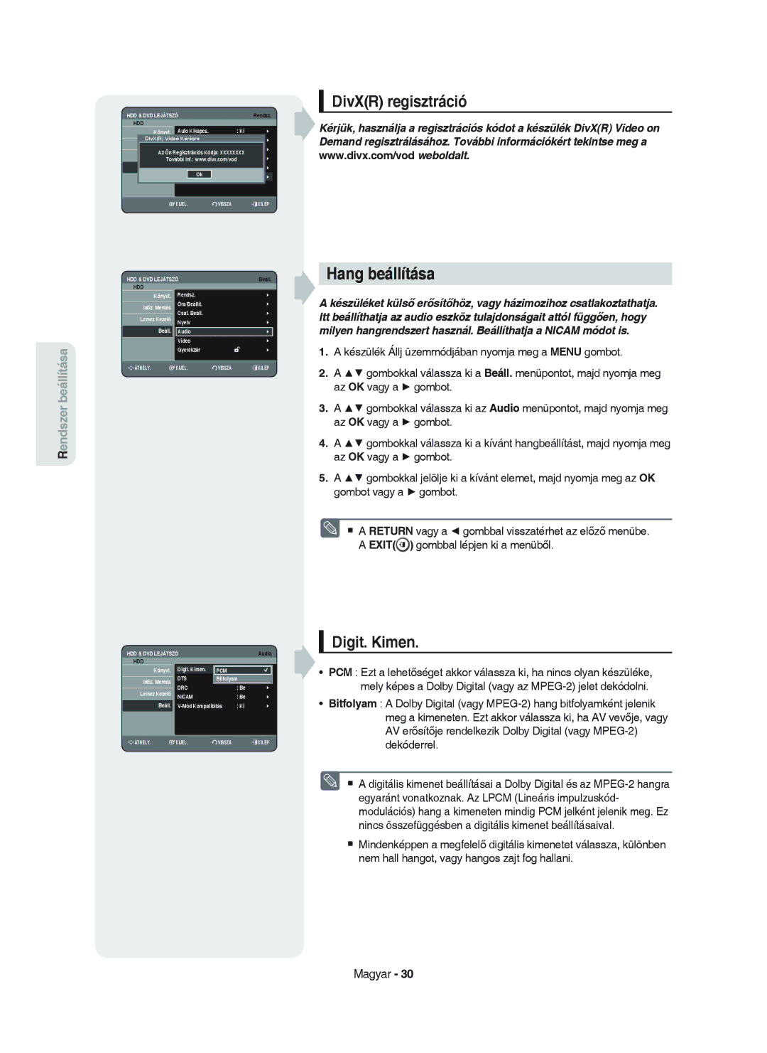 Samsung DVD-HR750/XEH manual Hang beállítása, DivXR regisztráció, Digit. Kimen 