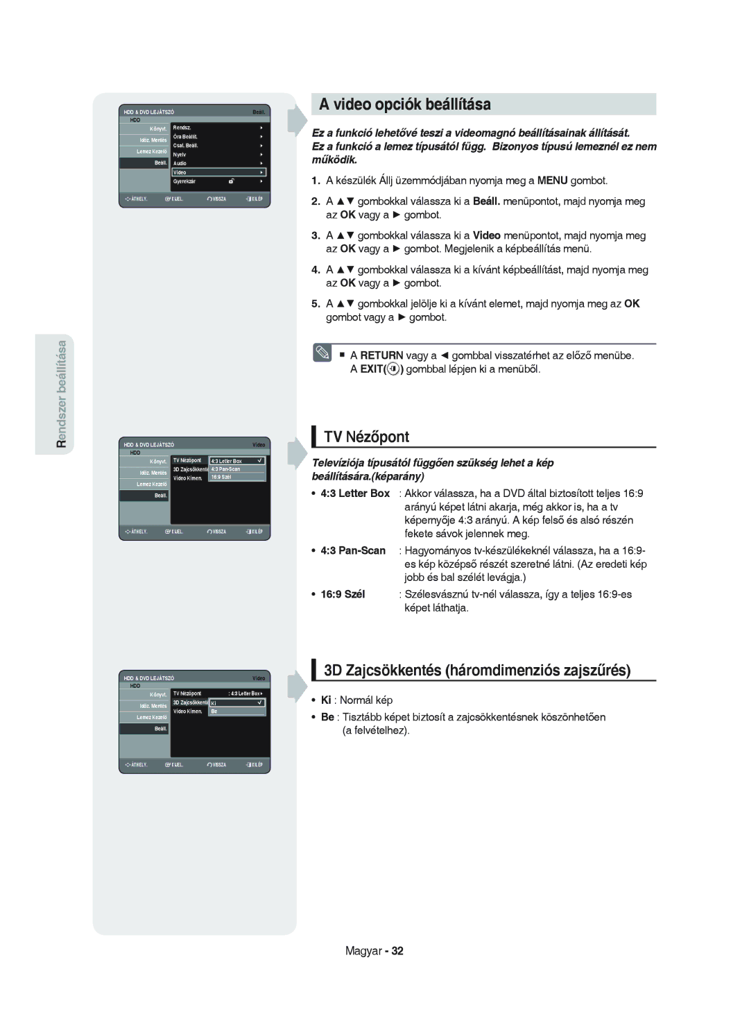 Samsung DVD-HR750/XEH manual Video opciók beállítása, TV Nézőpont, 3D Zajcsökkentés háromdimenziós zajszűrés 