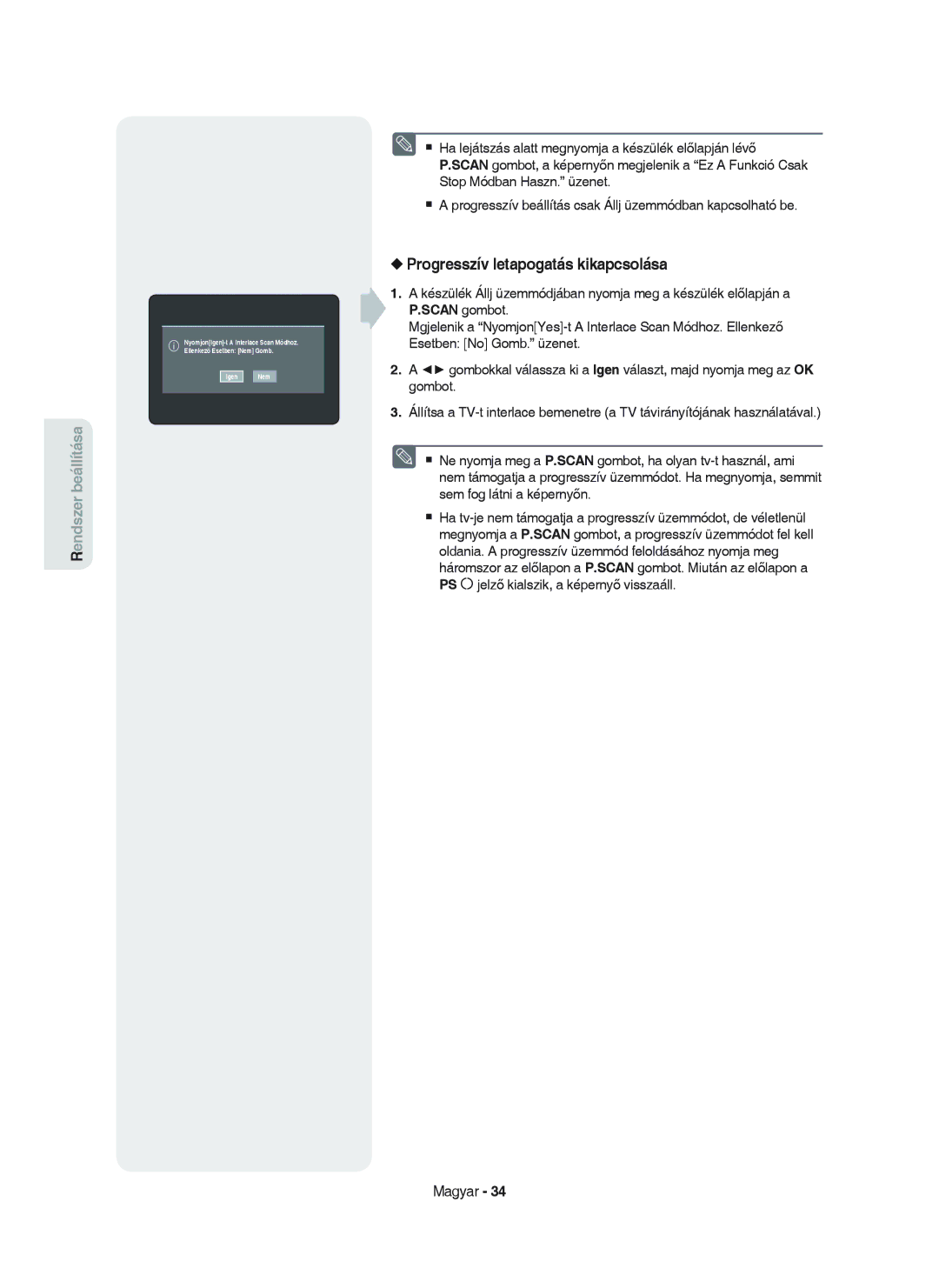 Samsung DVD-HR750/XEH manual Progresszív letapogatás kikapcsolása 