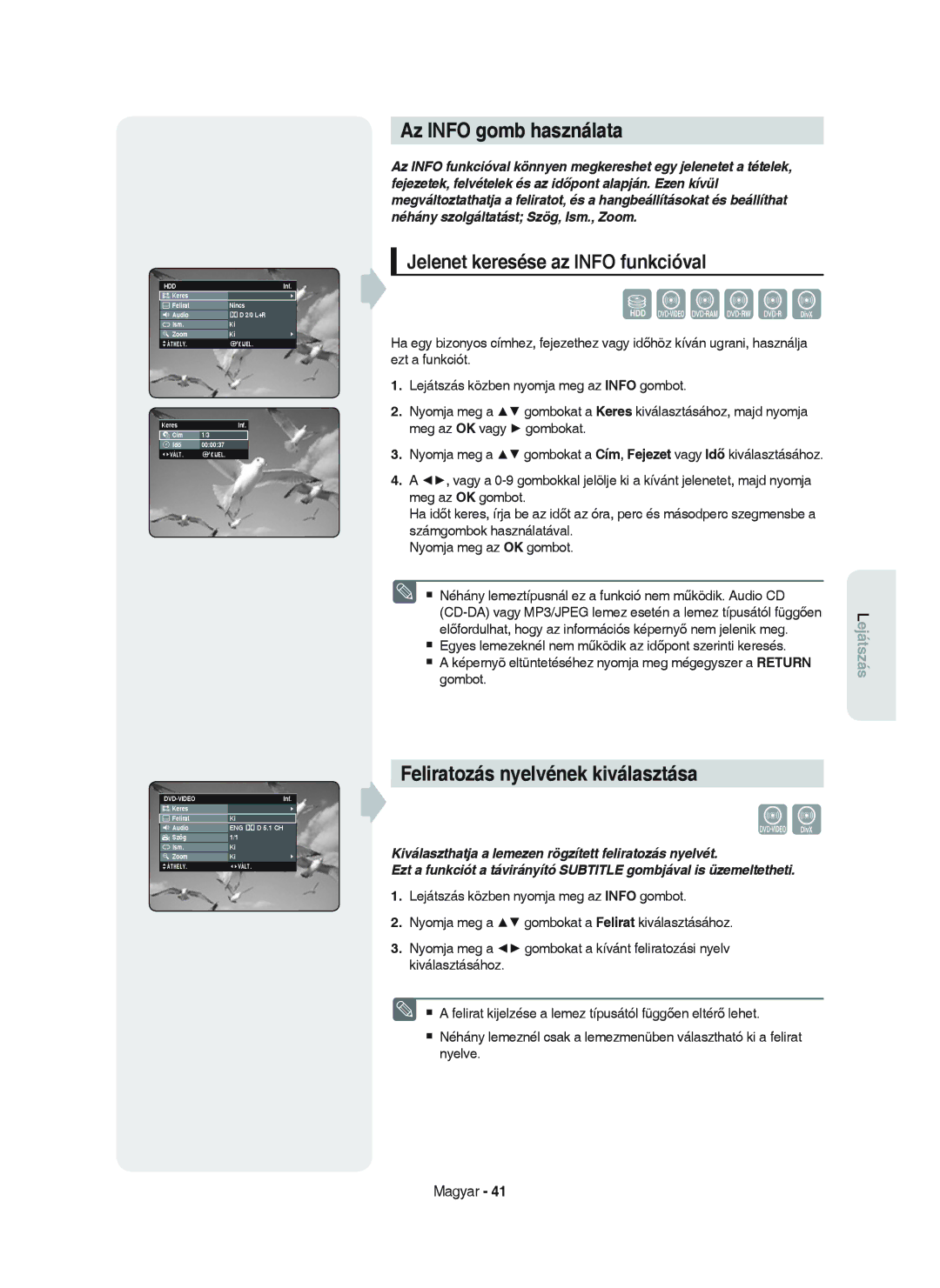 Samsung DVD-HR750/XEH Az Info gomb használata, Feliratozás nyelvének kiválasztása, Jelenet keresése az Info funkcióval 