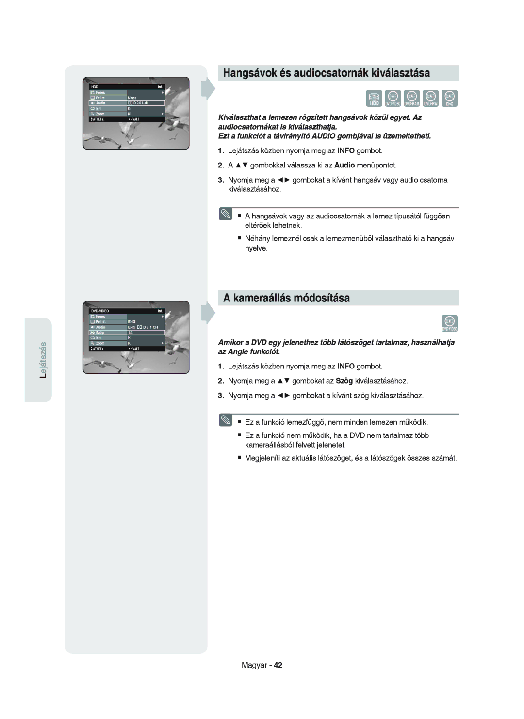 Samsung DVD-HR750/XEH manual Hangsávok és audiocsatornák kiválasztása, Kameraállás módosítása, Keres Felirat 