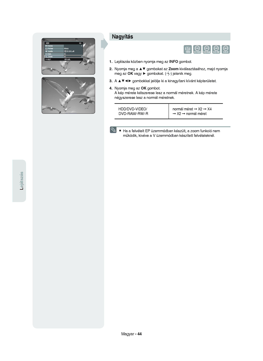 Samsung DVD-HR750/XEH manual Nagyítás, Dvd-Ram/-Rw/-R 