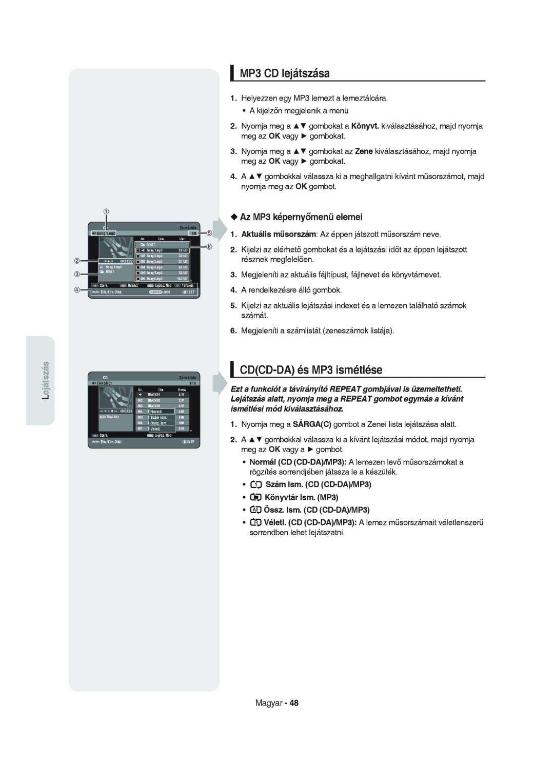 Samsung DVD-HR750/XEH manual MP3 CD lejátszása, CDCD-DA és MP3 ismétlése, Az MP3 képernyőmenü elemei 