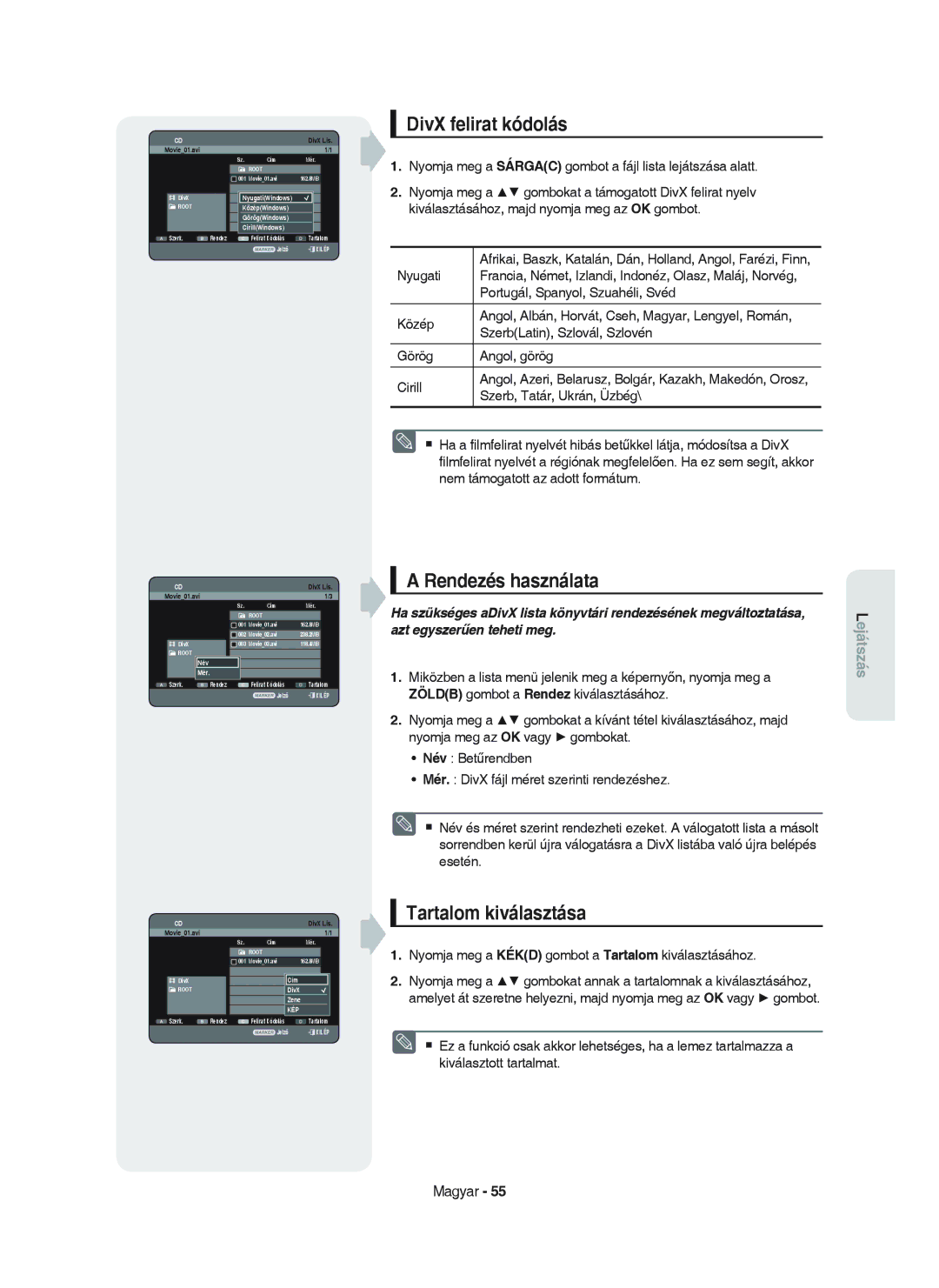 Samsung DVD-HR750/XEH manual DivX felirat kódolás, KözépWindows GörögWindows CirillWindows, DivX Zene 