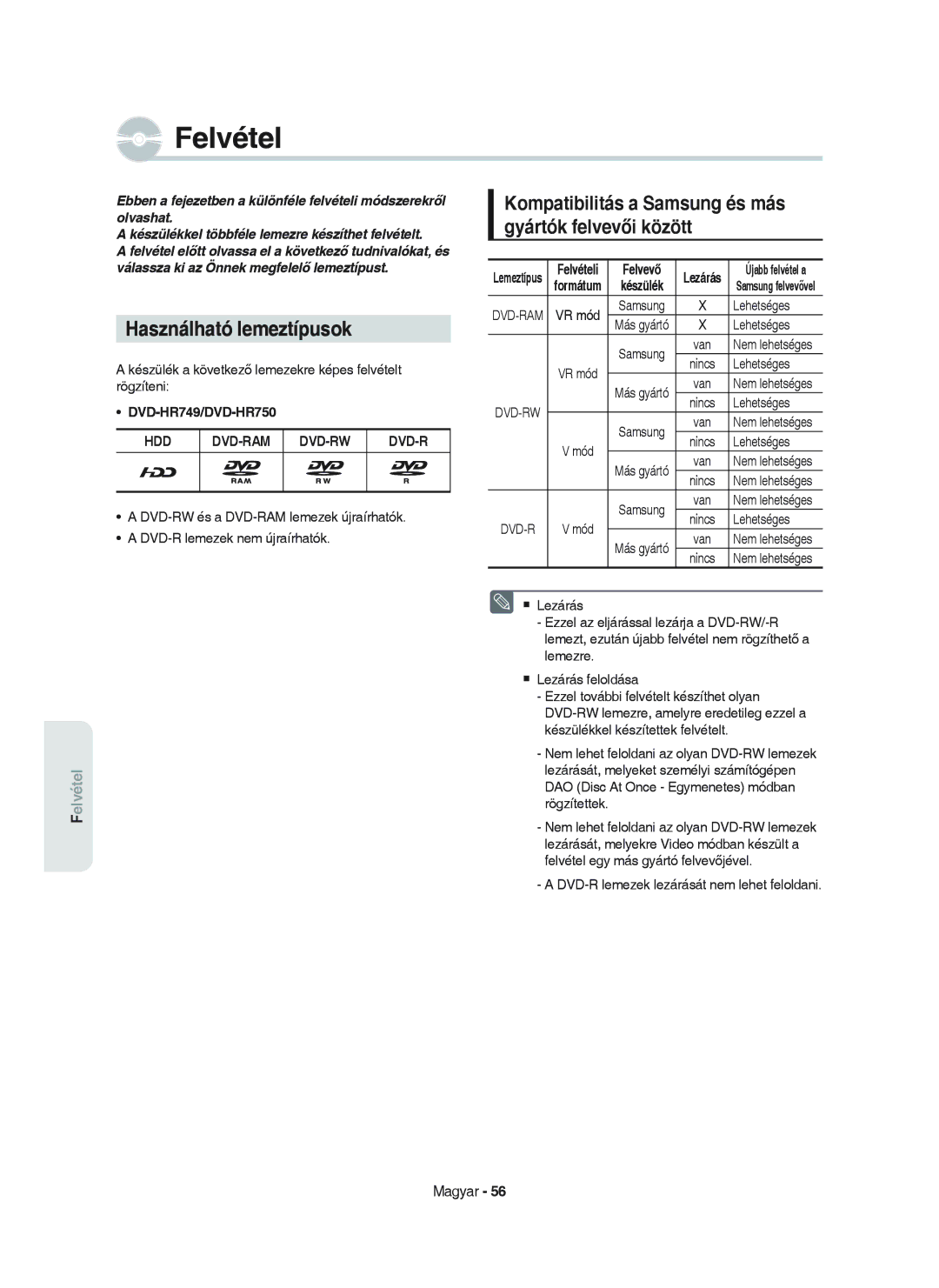 Samsung DVD-HR750/XEH manual Használható lemeztípusok, Kompatibilitás a Samsung és más gyártók felvevői között, Felvevő 