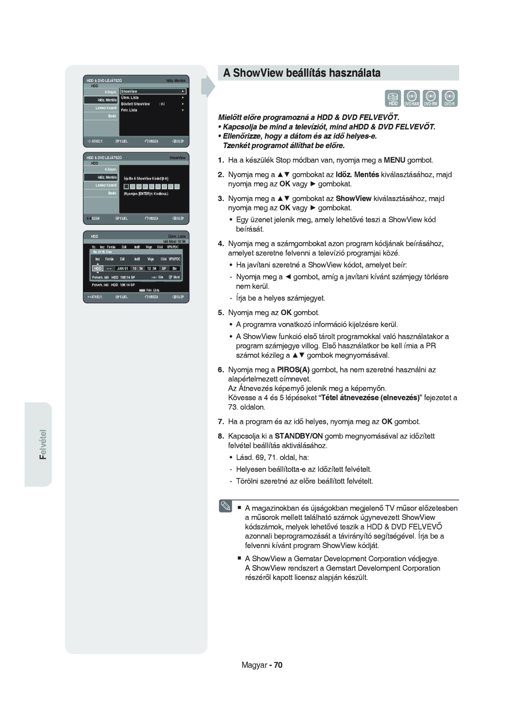 Samsung DVD-HR750/XEH manual ShowView beállítás használata, Ütem. Lista 