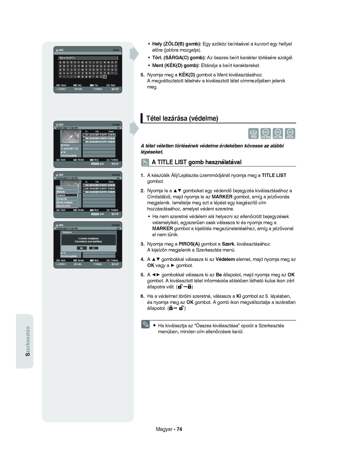 Samsung DVD-HR750/XEH manual Tétel lezárása védelme, Mindet1 SPkiválaszt 