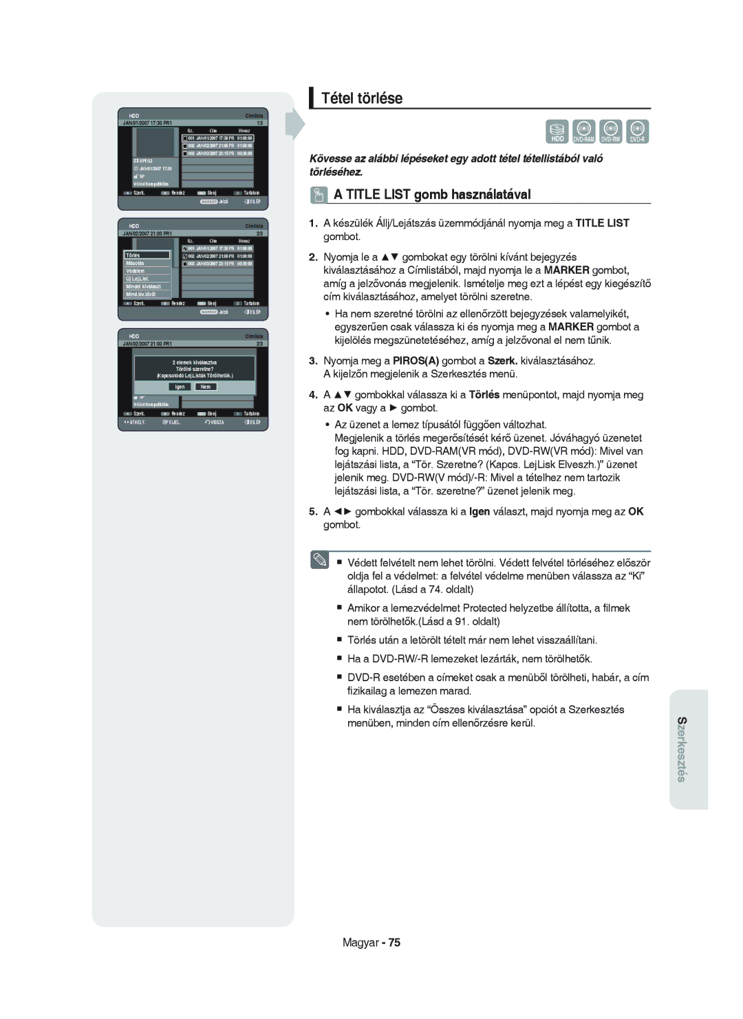 Samsung DVD-HR750/XEH manual Tétel törlése, Elemek kiválasztva 