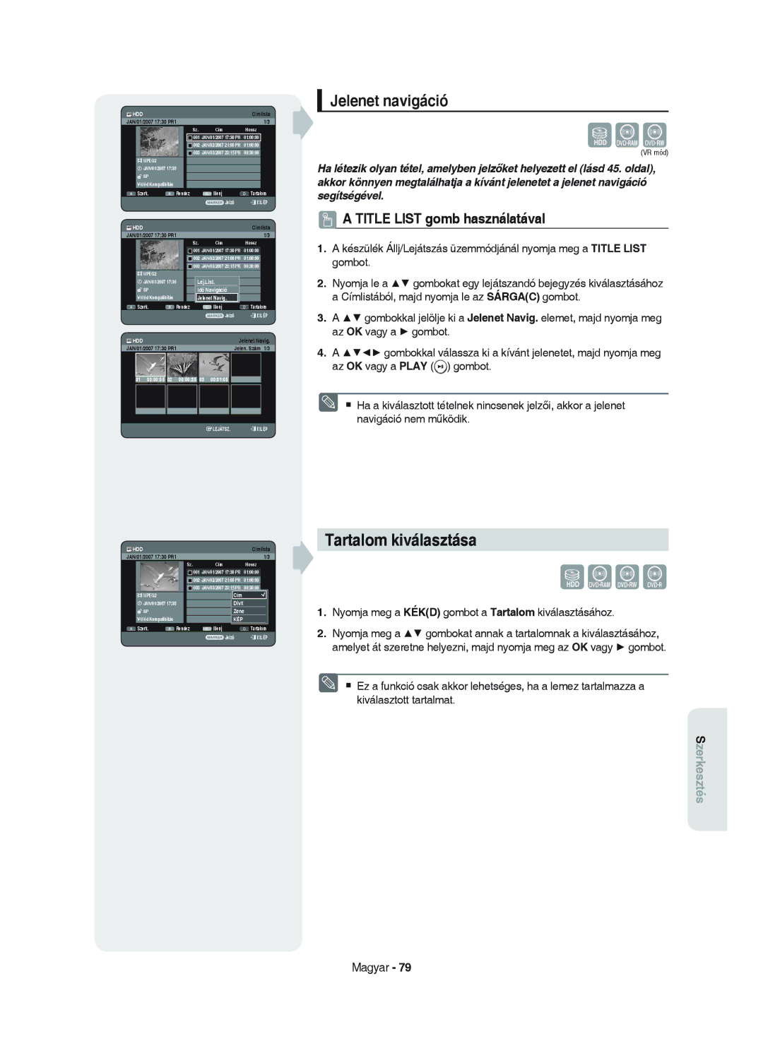 Samsung DVD-HR750/XEH manual Tartalom kiválasztása, Jelenet navigáció, 01 000005 02 000035 03 