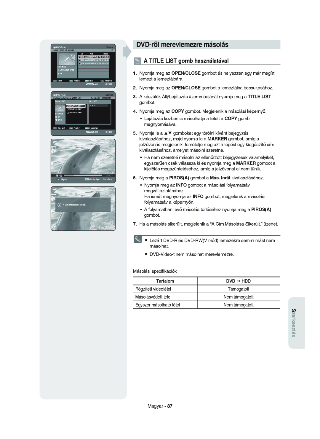 Samsung DVD-HR750/XEH manual DVD-ről merevlemezre másolás 