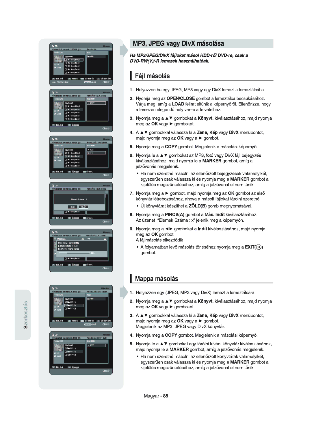 Samsung DVD-HR750/XEH manual MP3, Jpeg vagy DivX másolása, Fájl másolás, Mappa másolás, Elemek Száma 