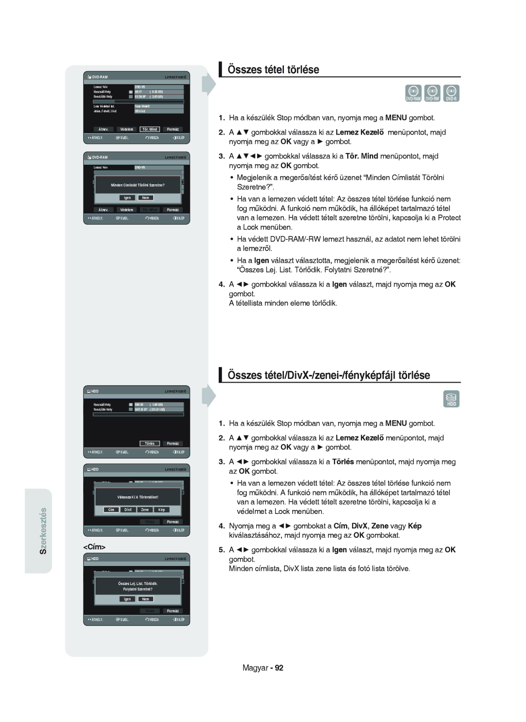 Samsung DVD-HR750/XEH manual Összes tétel törlése, Összes tétel/DivX-/zenei-/fényképfájl törlése, Cím 