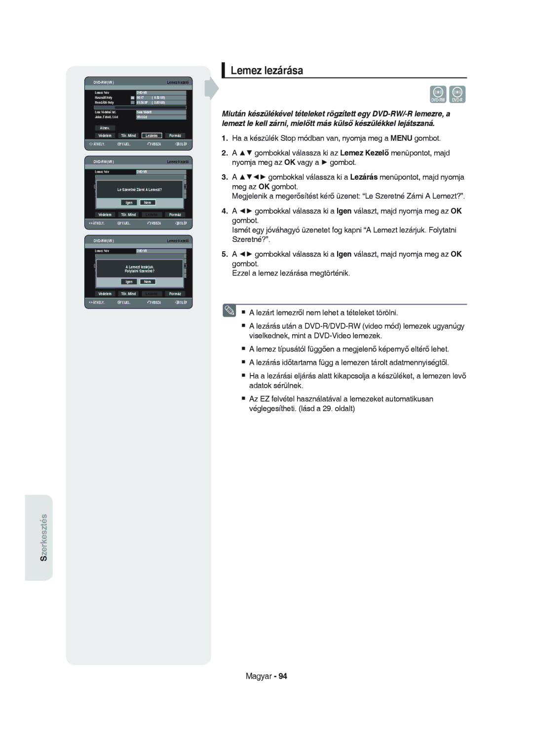 Samsung DVD-HR750/XEH manual Lemez lezárása, Lezárás Formáz 