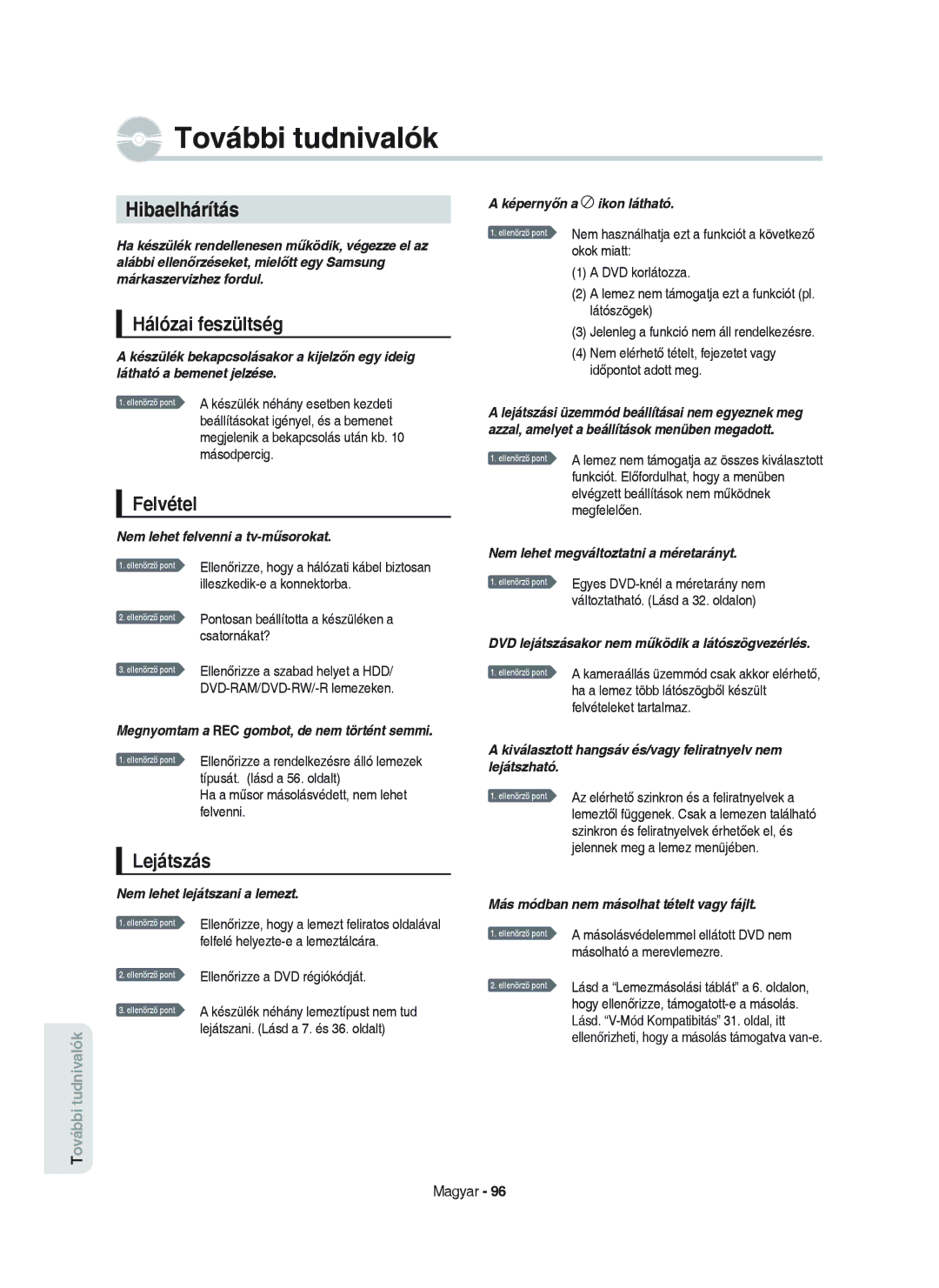 Samsung DVD-HR750/XEH manual Hibaelhárítás, Hálózai feszültség, Felvétel, Lejátszás, Okok miatt 