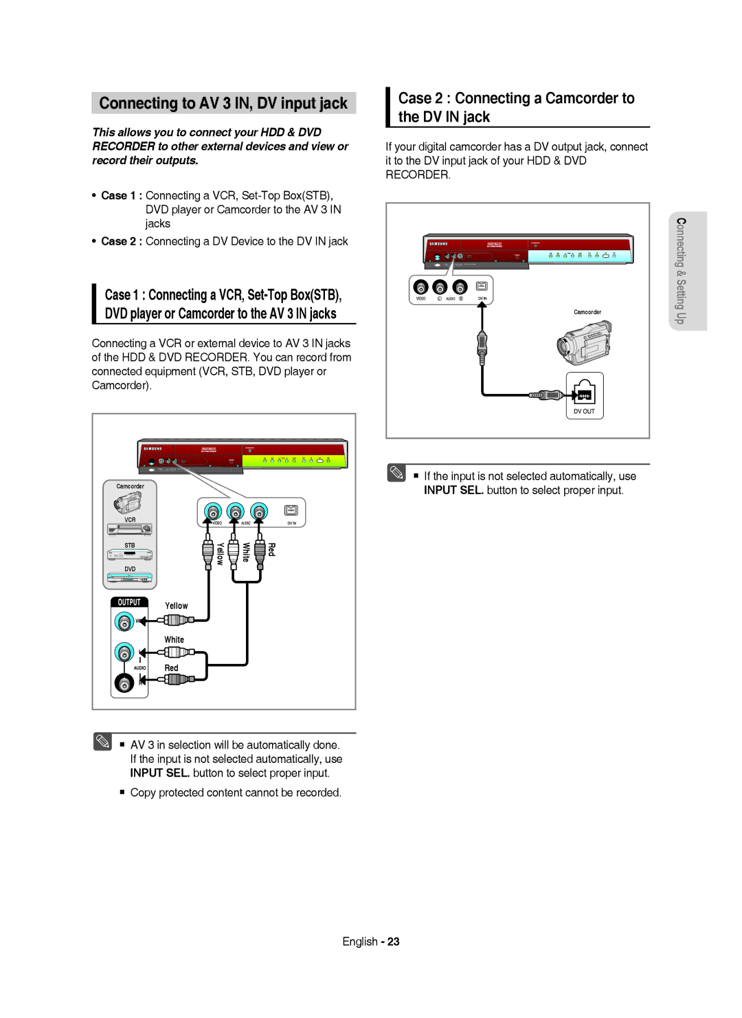 Samsung DVD-HR750/XEH manual Connecting to AV 3 IN, DV input jack, Case 2 Connecting a Camcorder to the DV in jack 