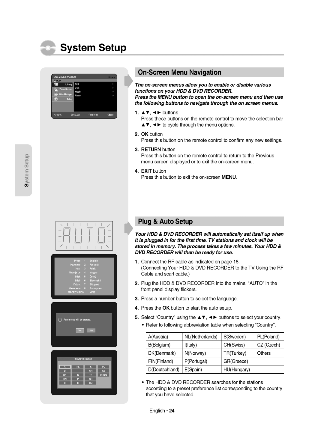 Samsung DVD-HR750/XEH manual On-Screen Menu Navigation, Plug & Auto Setup, Return button 