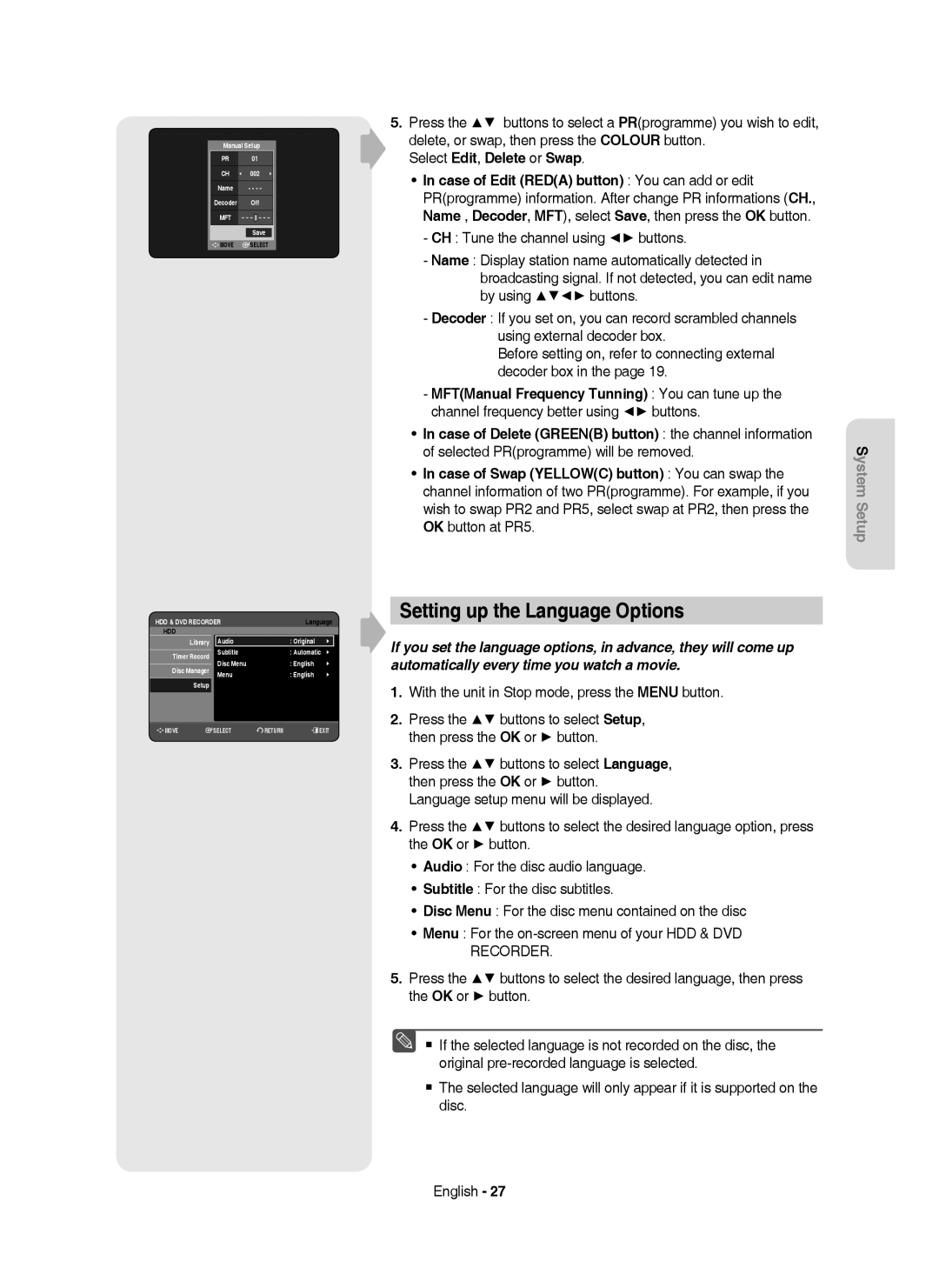 Samsung DVD-HR750/XEH manual Setting up the Language Options, Select Edit, Delete or Swap 