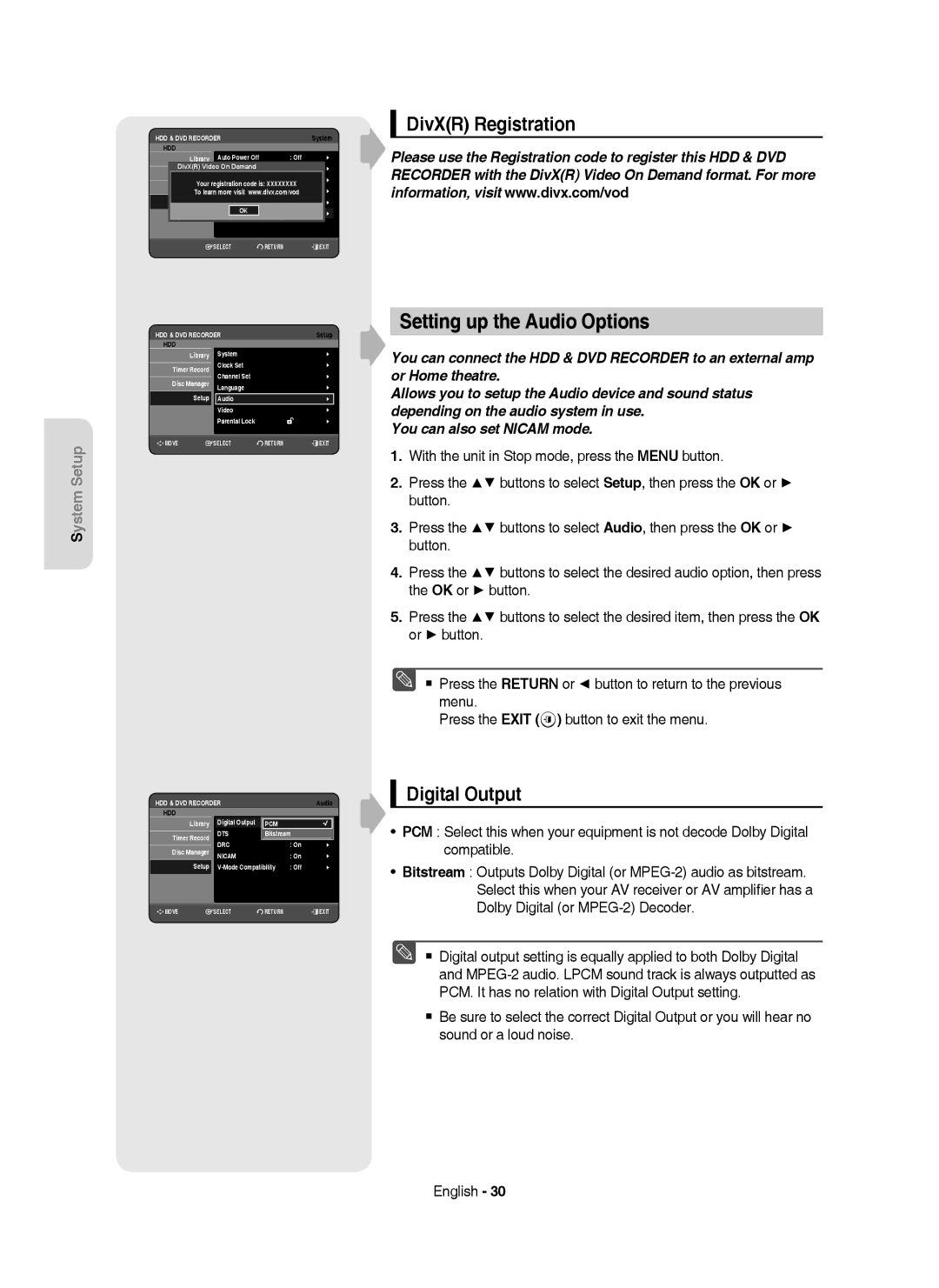 Samsung DVD-HR750/XEH manual Setting up the Audio Options, DivXR Registration, Digital Output 