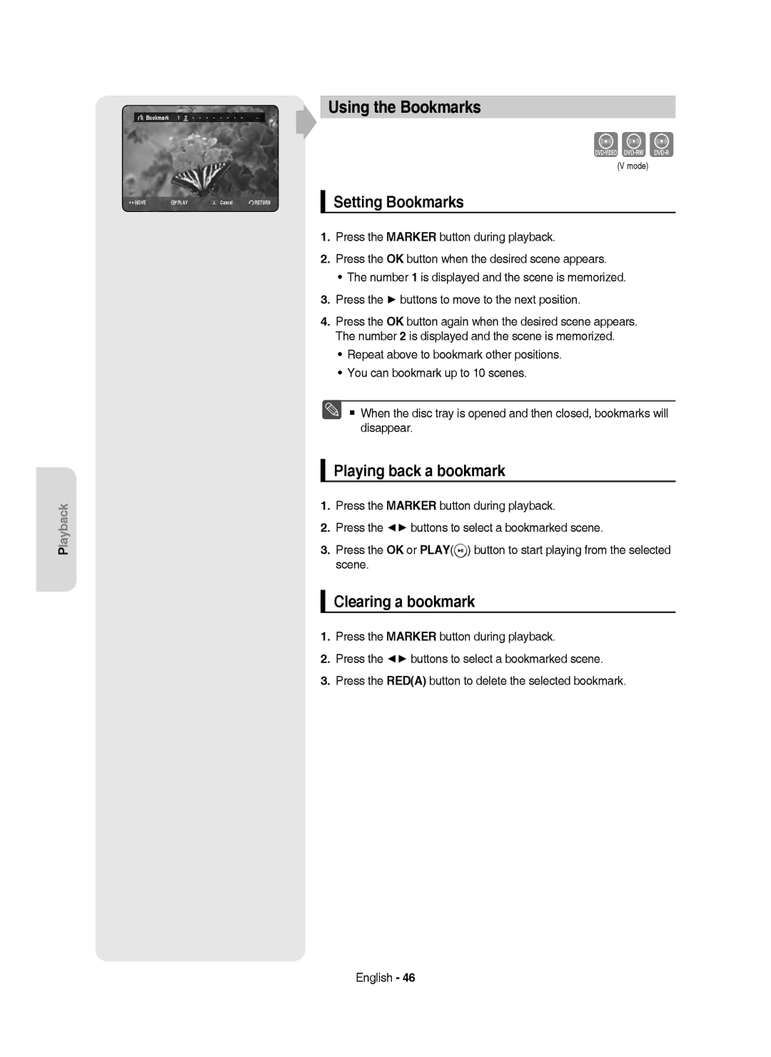 Samsung DVD-HR750/XEH manual Using the Bookmarks, Setting Bookmarks, Playing back a bookmark, Clearing a bookmark 