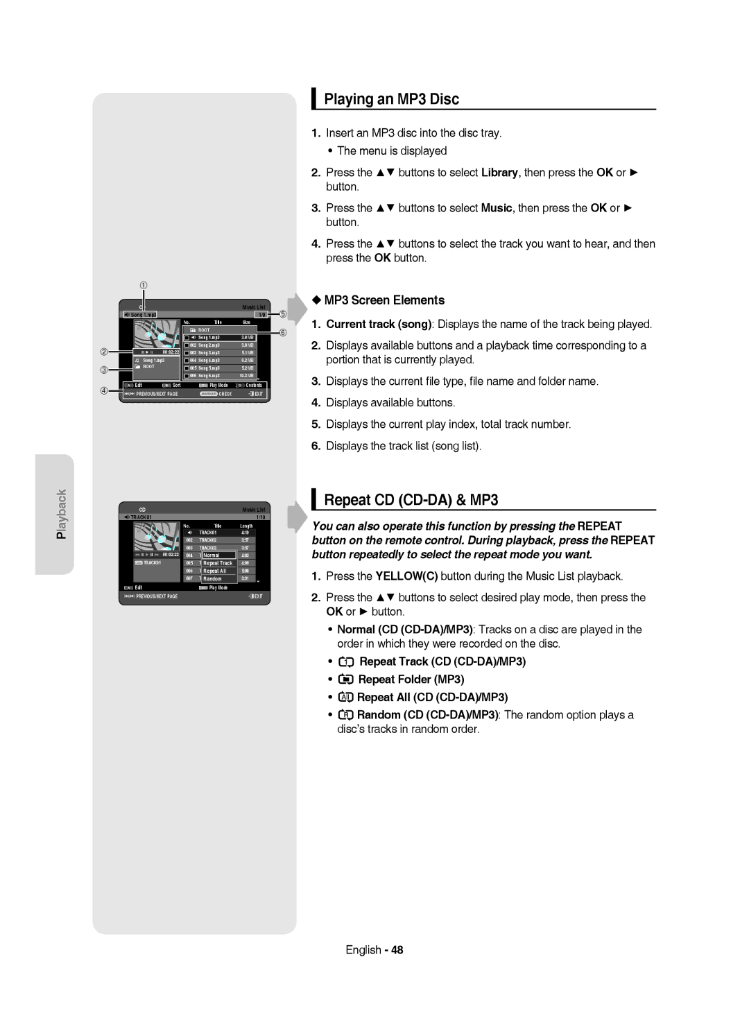 Samsung DVD-HR750/XEH manual Playing an MP3 Disc, Repeat CD CD-DA & MP3, MP3 Screen Elements 