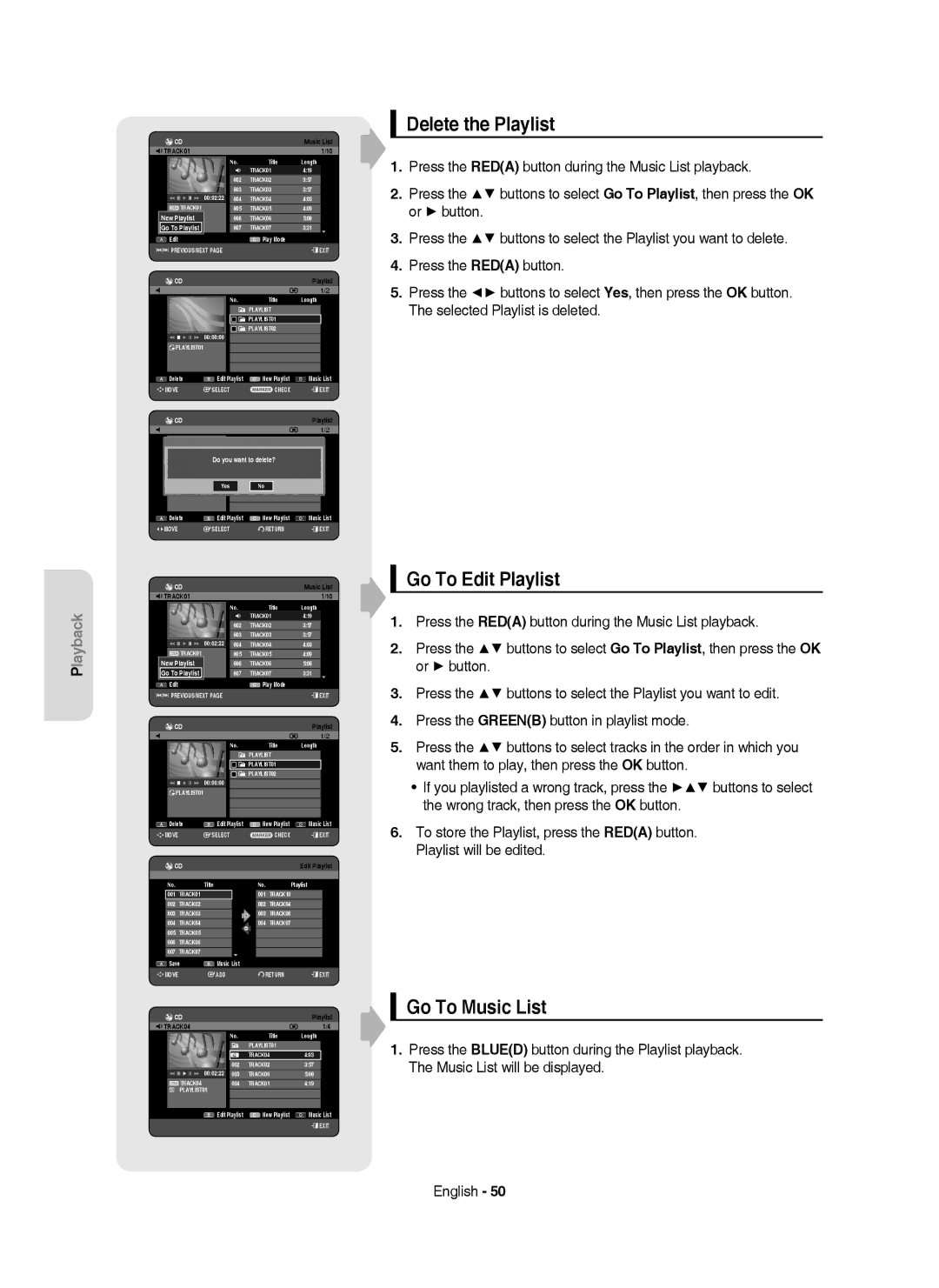 Samsung DVD-HR750/XEH manual Delete the Playlist, Go To Edit Playlist, Go To Music List, Do you wantE toPLAYLIST01delete? 