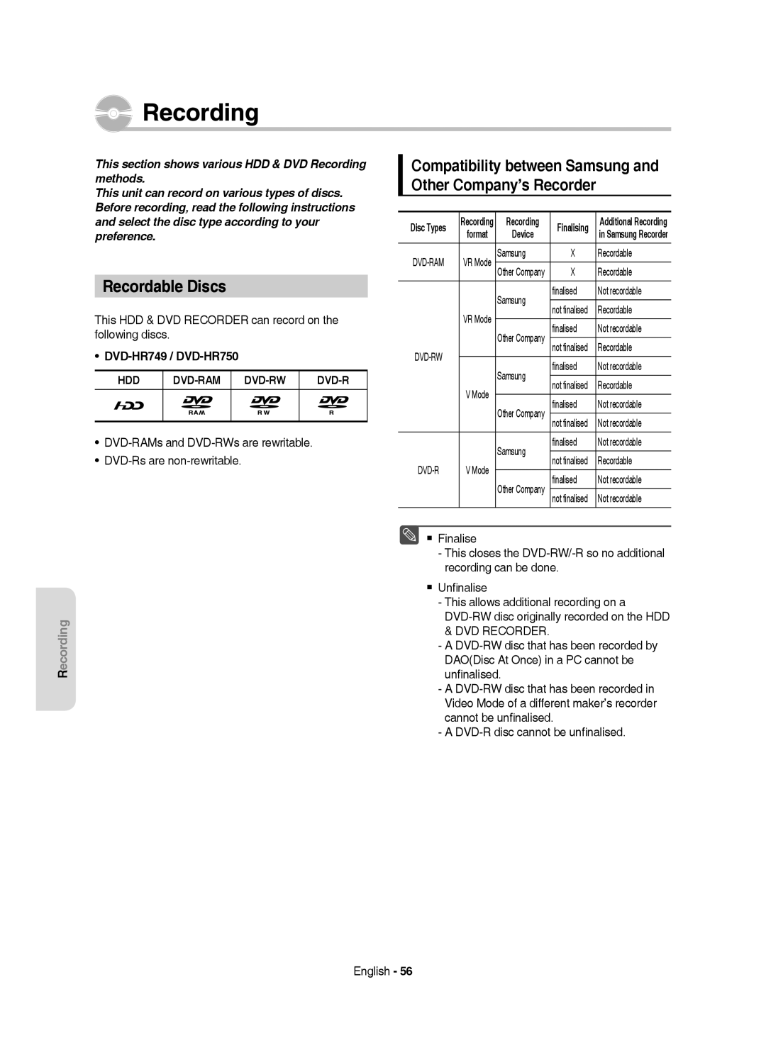 Samsung DVD-HR750/XEH manual Recordable Discs, Compatibility between Samsung and Other Company’s Recorder 