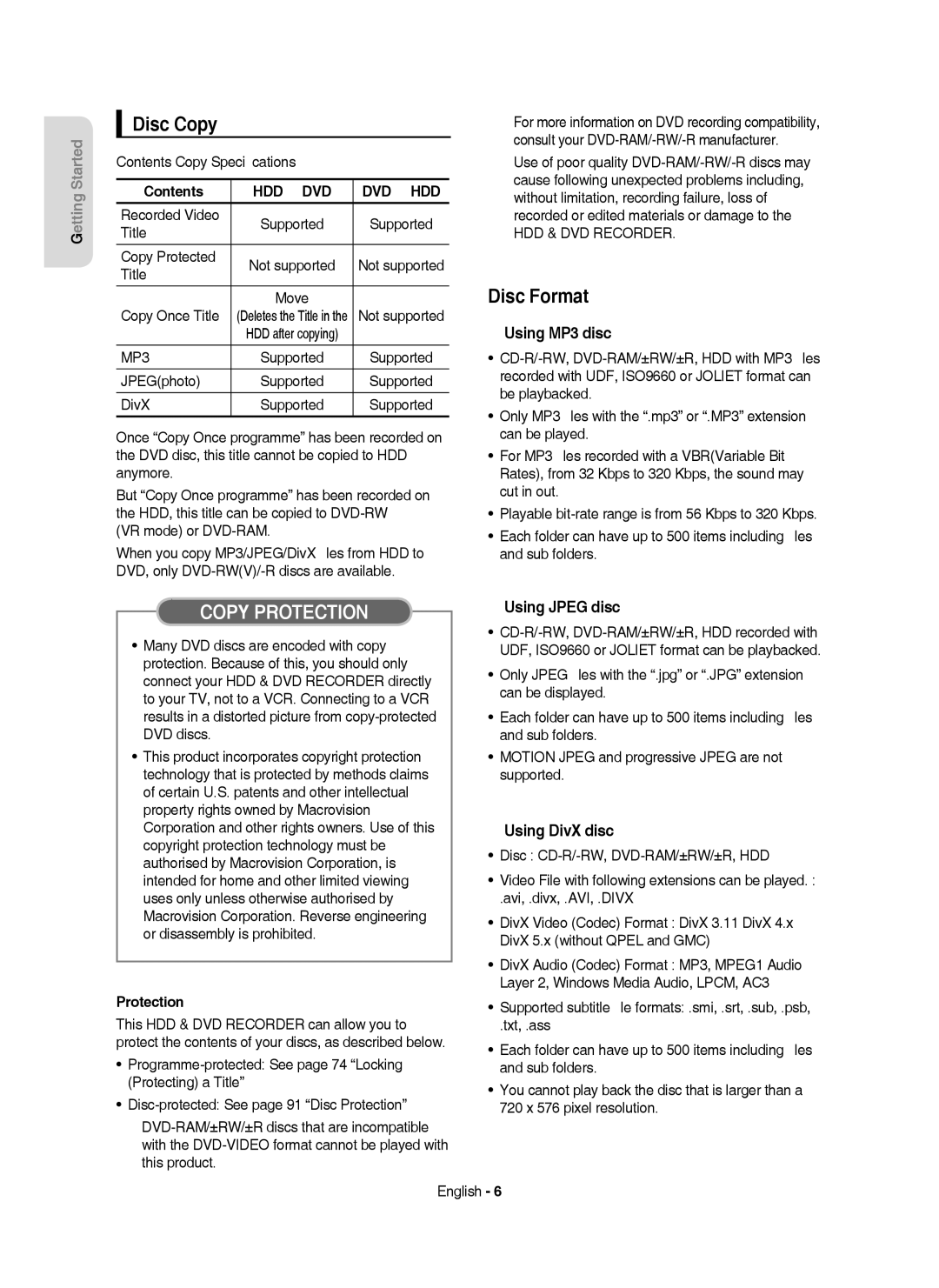 Samsung DVD-HR750/XEH manual Disc Copy, Disc Format, Using MP3 disc, Using Jpeg disc, Using DivX disc 