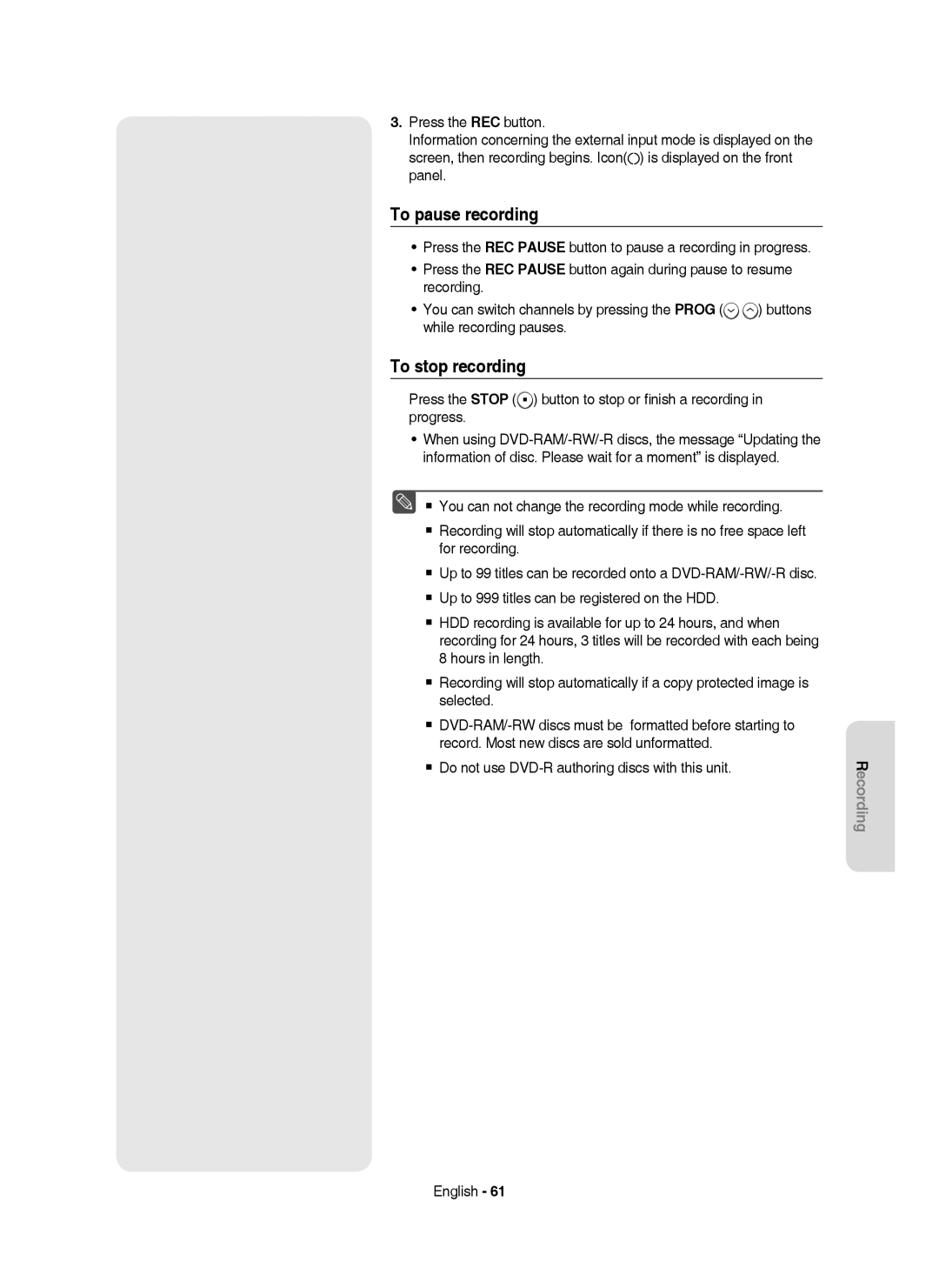 Samsung DVD-HR750/XEH manual To pause recording, To stop recording 