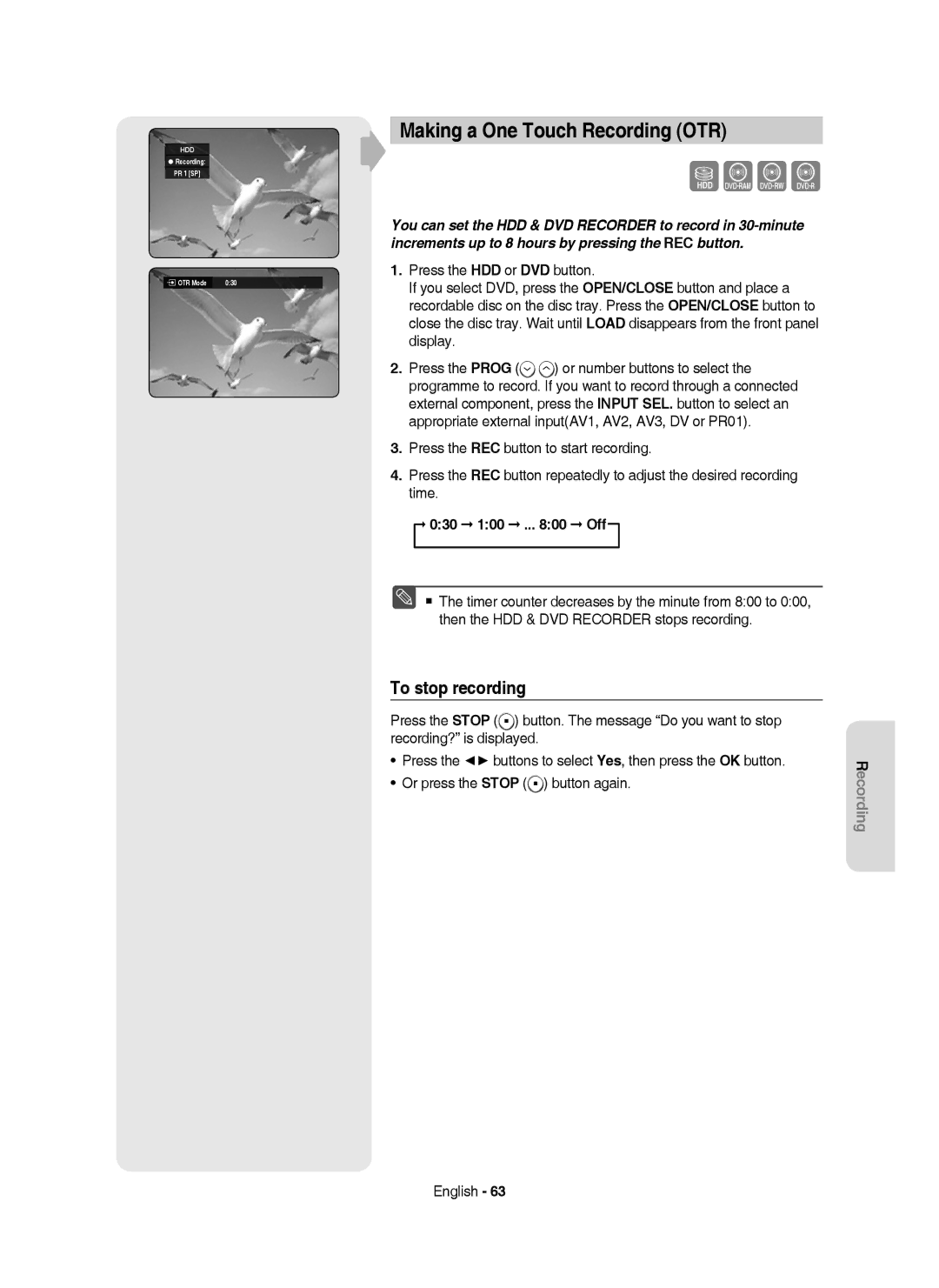 Samsung DVD-HR750/XEH manual Making a One Touch Recording OTR, 030 100 .. Off, Or press the Stop button again, OTR Mode 030 