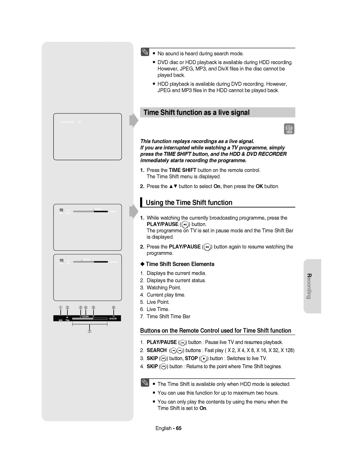 Samsung DVD-HR750/XEH Time Shift function as a live signal, Using the Time Shift function, Time Shift Screen Elements 