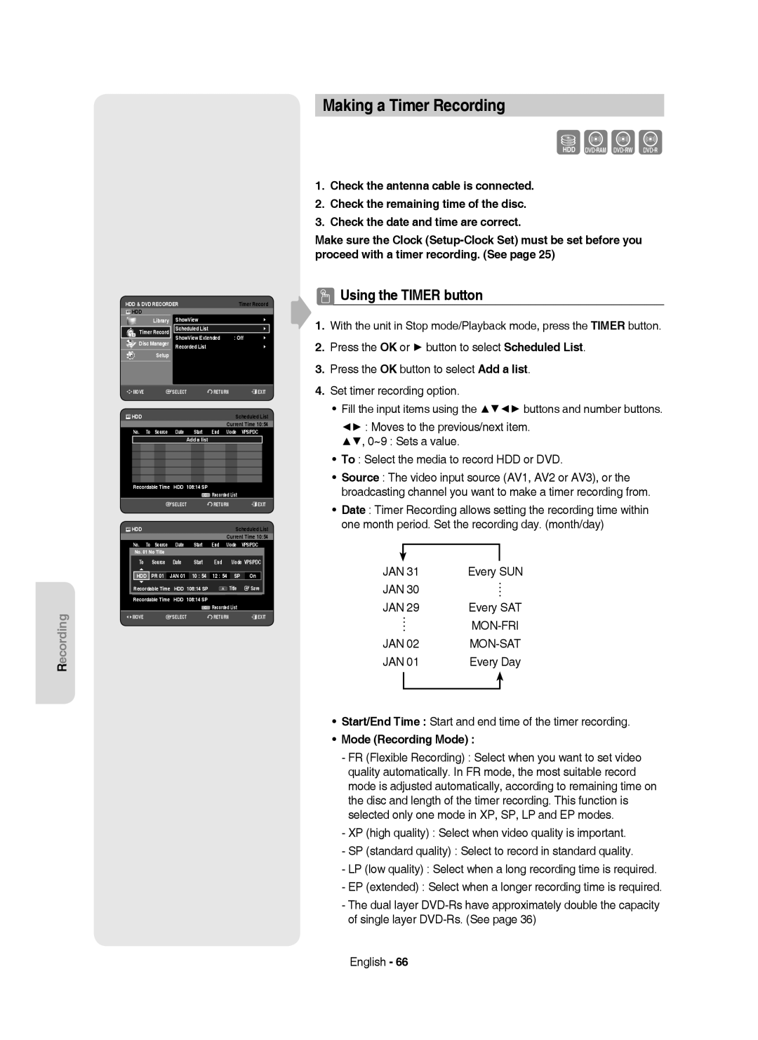 Samsung DVD-HR750/XEH manual Making a Timer Recording, Using the Timer button, Mode Recording Mode 