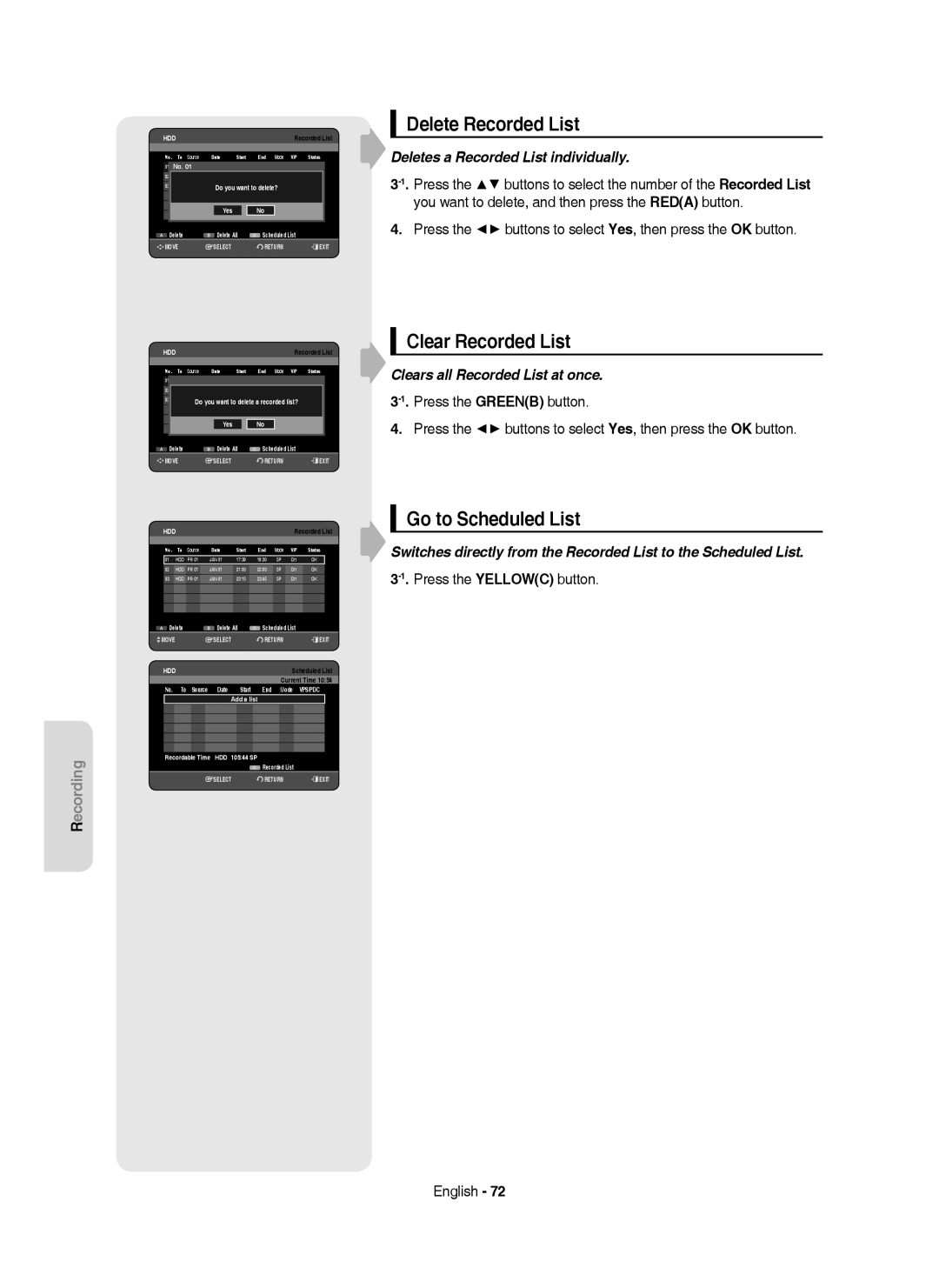 Samsung DVD-HR750/XEH manual Delete Recorded List, Clear Recorded List, Go to Scheduled List, Current Time 